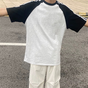 抖音得物品质二开240克宽松纯棉美式潮牌插肩三杠织带短袖T恤图片