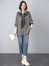 带披肩纯棉条纹小衫女夏季韩版休闲宽松年轻款妈妈薄款衬衫上衣潮，女装套装/套裙，江忆布依