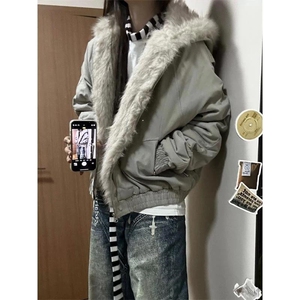 现货高品质美式高街冬季重磅硬挺短款座山雕毛领棉衣男女加厚外套图片