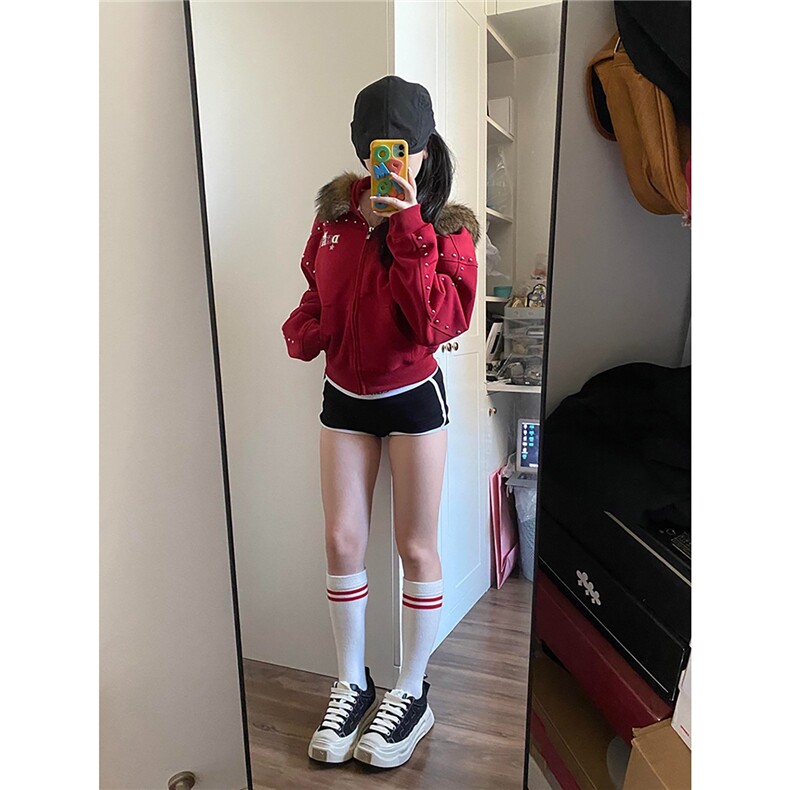 美式复古铆钉毛领连帽开衫外套秋新款拉链上衣,女装短外套,星座506A
