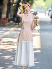 新中式旗袍连衣裙女2025夏季新款刺绣蕾丝拼接气质显瘦假两件长裙，女装连衣裙，伊仟回