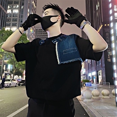 8812/特P68控98夏社会小伙设计感重工拼接洗水牛仔短袖T恤男黑首2，男装T恤，星座305B