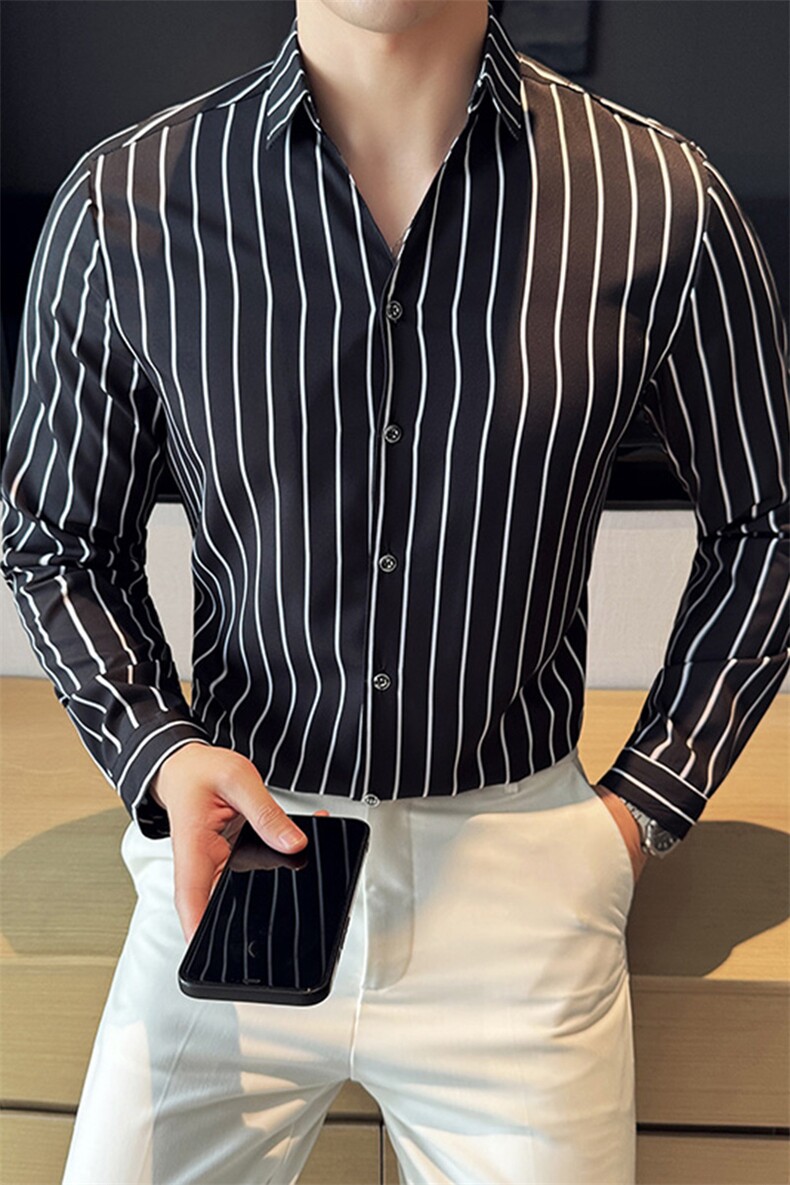 简约条纹V领韩版英伦显瘦衬衫商务绅士衬衣男C016C/P55控75,男装衬衫,电商A243