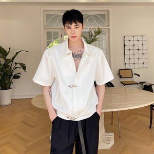 夏季翻领飞机扣男宽松短袖垫肩夹克纯色免烫休闲外套潮1885P120，男装T恤，电商A345