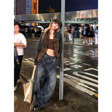 美式水洗做旧网格阔腿牛仔裤男女宽松休闲百搭拖地长裤，男装牛仔裤，星座506A