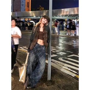美式水洗做旧网格阔腿牛仔裤男女宽松休闲百搭拖地长裤