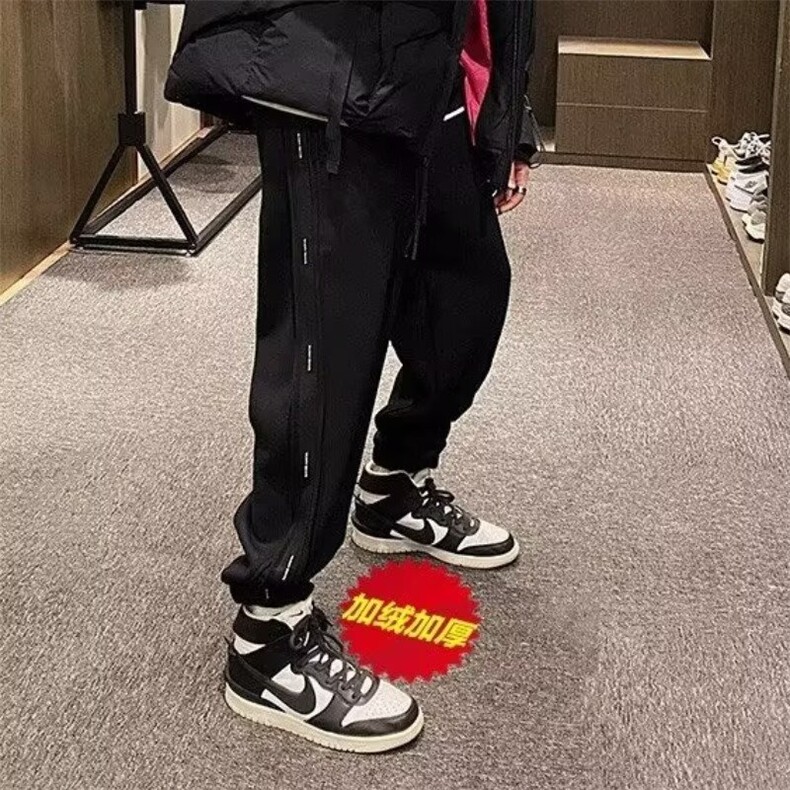 卫裤男秋冬季休闲运动裤男宽松束脚长裤青少年黑色加绒裤子男图片
