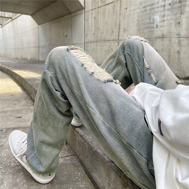 高街黄泥染做旧水洗牛仔裤男休闲百搭宽松直筒破洞裤NK528,男装牛仔裤,星座1116A-1（原606A）