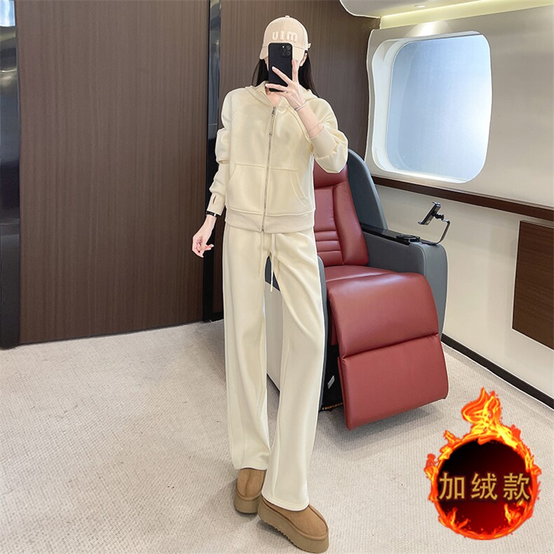 女秋冬新款连帽宽松开衫加绒卫衣套装,女装套装/套裙,江南