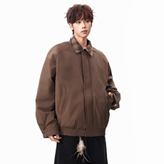 复古假两件飞行棉服夹克男格纹拼接棒球服美式休闲棕色外套，男装夹克，星座218-8