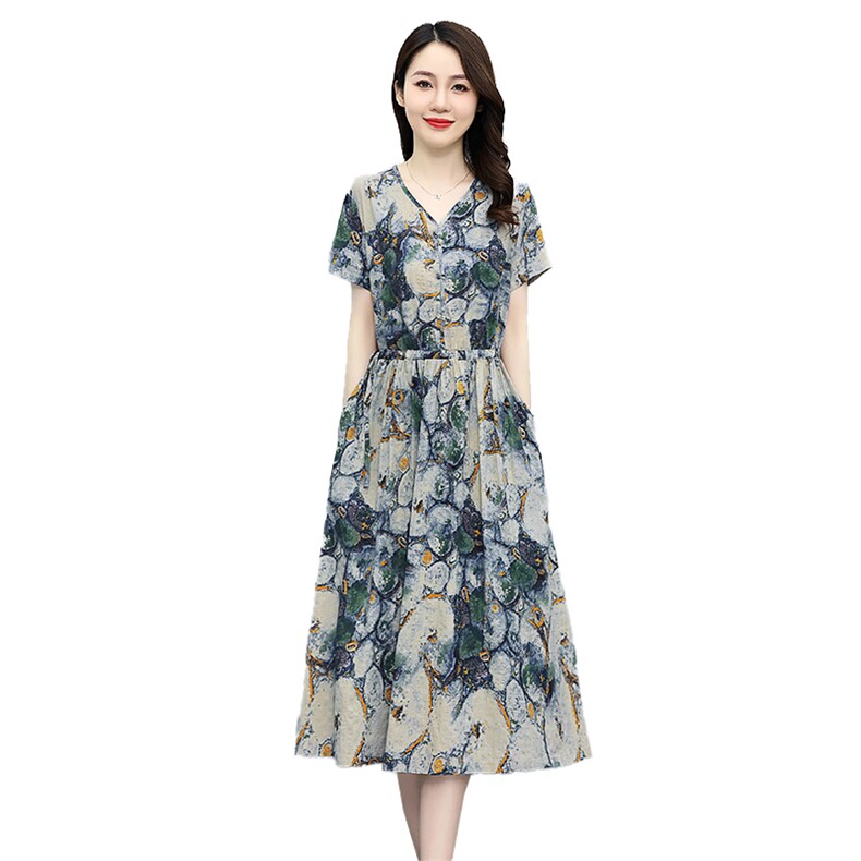 棉麻印花连衣裙女2025夏季新款收腰显瘦气质减龄高端薄款亚麻裙子,女装连衣裙,倪叶myz