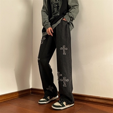 港风牛仔裤男春直筒裤美式嘻哈街头大码阔腿裤子N06108-P40，男装牛仔裤，星座308B-1