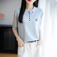 夏季莱赛尔天丝针织五分袖上衣女翻领刺绣纽扣短袖T恤宽松打底衫，女装针织衫/毛衣，郡淞羊绒