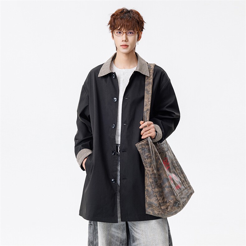 潮流宽松老钱风千鸟格撞色风衣A161-MT-2600-P92，男装风衣，电商A161
