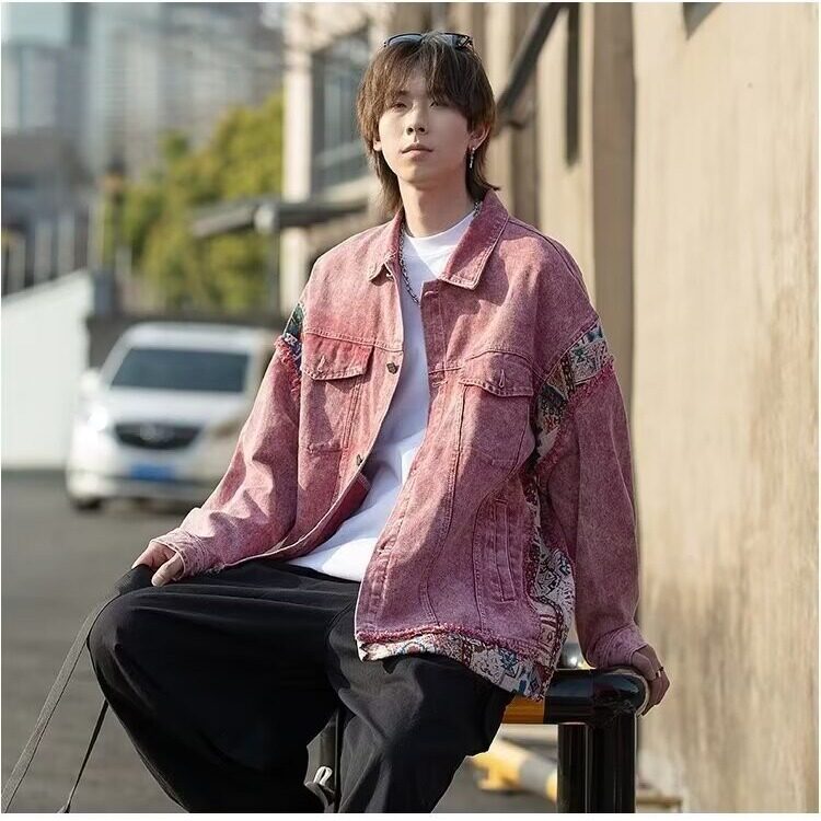 美式复古甜酷脏粉色水洗拼接牛仔外套男女古着情侣棒球服679/P75，女装职业装，星座506