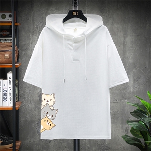 LD54164-P45 连帽短袖t恤男大码胖子带帽五分袖中袖 展架图片