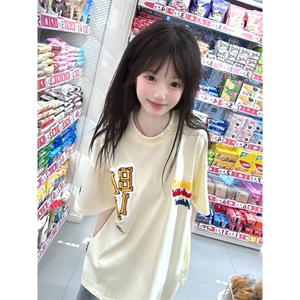H0519-P35前毛巾绣+后发泡印花新款短袖T恤女图片