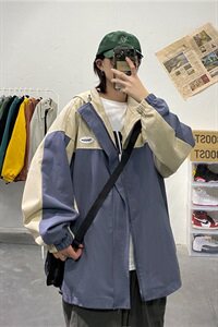 910A-J秋装新款拼色情侣夹克男女韩版宽松百搭外套男图片