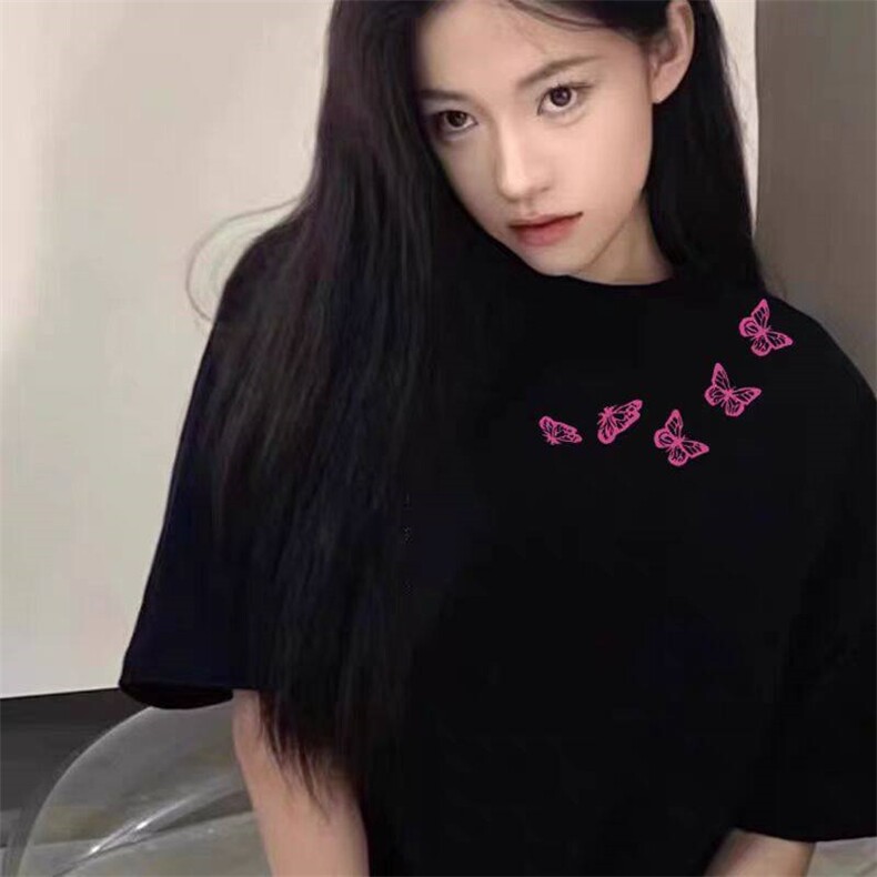 网络图现货美式重磅纯棉潮流设计蝴蝶印花男女短袖T恤JD1017-P32,男装T恤,星座715-7