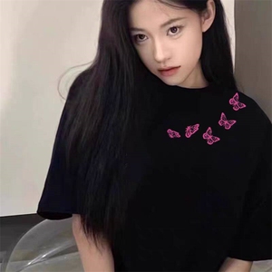 网络图现货 美式重磅纯棉潮流设计蝴蝶印花男女短袖T恤JD1017-P32图片