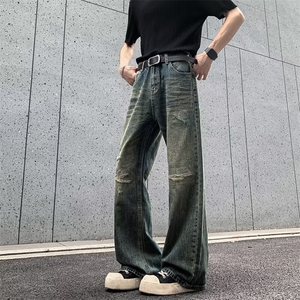山小川潮牌破洞牛仔裤男美式高街设计感小众做旧水洗宽松直筒长裤图片