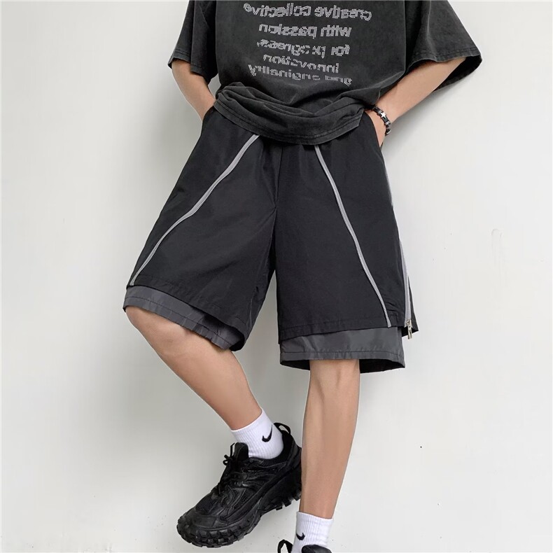 美式机能风拉链设计短裤男夏季假两件冲锋裤P38,男装休闲裤,星座1116-2
