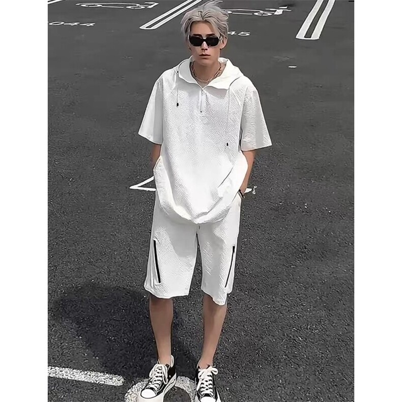 【连帽泡泡纱防晒衣】夏季潮牌短袖百搭宽松T恤套装TZ113-P68,男装防晒衣,星座1213