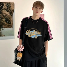抖音得物品质二开240克宽松纯棉美式潮牌印花三条杠中性风短袖T恤，男装T恤，电商A486