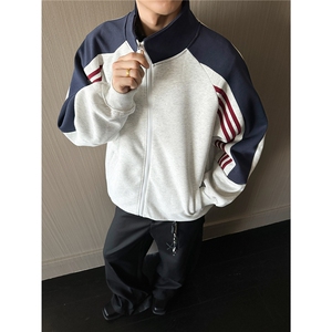 重磅全棉450克开衫立领撞色卫衣boxy短宽潮牌外套男装RH5362-P55,时尚男装搭配女图片