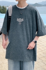 抖音得物供货日系港风复古水洗简约纯棉T恤短袖1522-P50控价68，男装T恤，电商A441-1