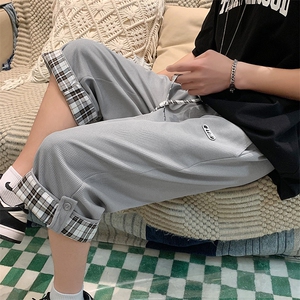 2025夏季华夫格翻边搭扣格子短裤港风男女休闲百搭七分裤K27-P28图片