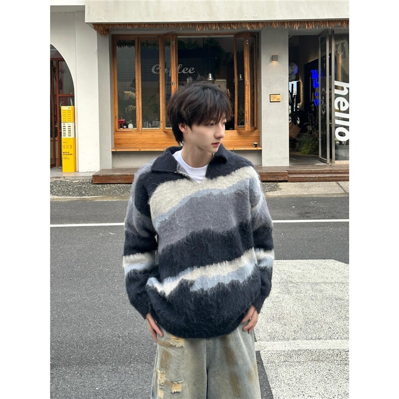 美式撞色v领条纹毛衣男春季慵懒风休闲针织衫潮牌设计感套头上衣,男装针织衫/毛衣,星座715-4