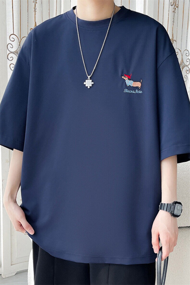 2025夏季新款旋律风车大码冰丝小狗刺绣T恤M-5XHT25465-特P25,男装T恤,电商A022