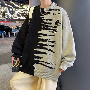 毛衣男秋冬拼接撞色针织衫日系复古宽松慵懒休闲外套MY7022-P45图片