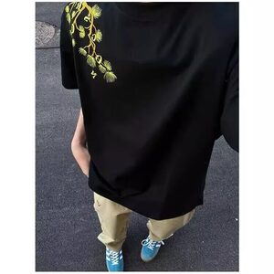 美式复古山茶花语刺绣t恤男女款夏季潮牌高街黑色潮半袖女 TX04图片