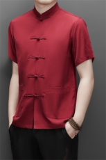 大货中年仿真丝绸唐装短袖衬衫长裤套装男士中老年风复古T恤，男装T恤，钱塘723