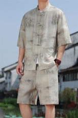 2025夏季新款男装风冰丝印花盘扣唐装套装短袖+短裤A115-P80，男装休闲套装，电商B277(原6028)