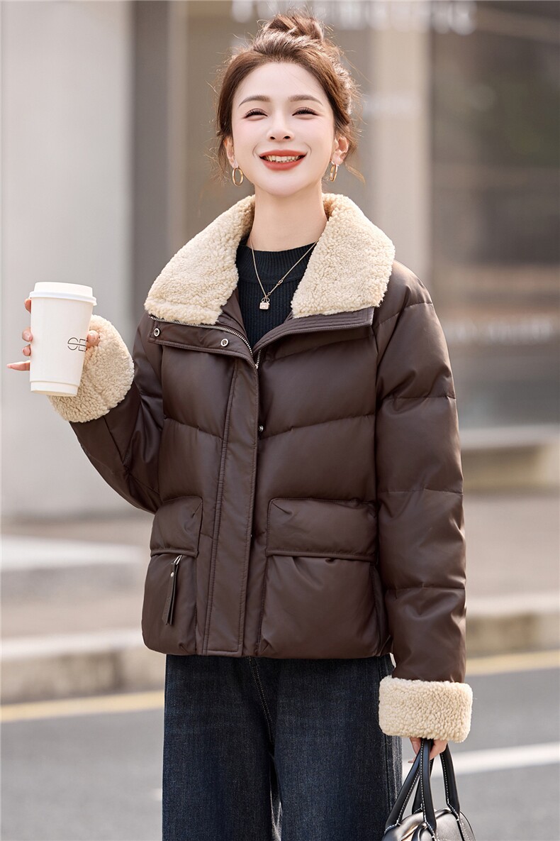 现货！PU皮羽绒服2025年冬季白鸭绒厚款通勤防风外套,女装羽绒服,木橙西子
