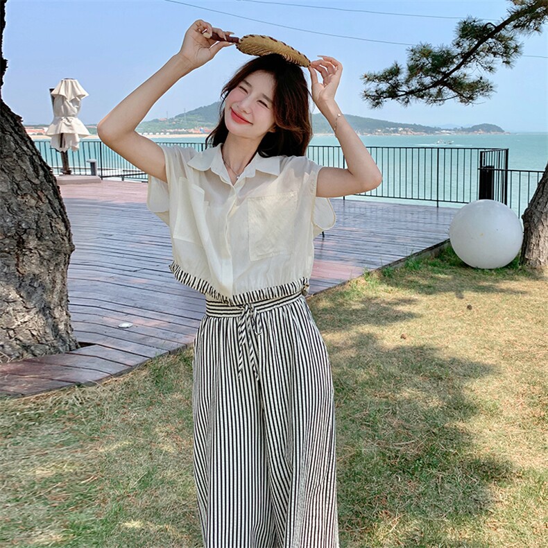 薄款条纹衬衫套装裤女夏高级感流行气质两件套时髦网红爆款炸街,女装套装/套裙,2C135