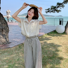薄款条纹衬衫套装裤女夏高级感流行气质两件套时髦网红爆款炸街，女装套装/套裙，2C135