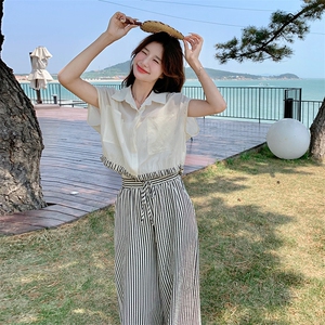 薄款条纹衬衫套装裤女夏高级感流行气质两件套时髦网红爆款炸街图片