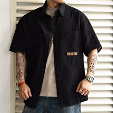 美式复古水洗做旧工装衬衫男夏季潮牌宽松休闲百搭短袖衬衣外套潮，男装T恤，星座1210-1
