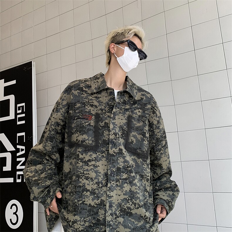 美式复古绿迷彩衬衫设计感高级短款外套潮牌欧美街头男装,男装衬衫,星座410-6（原星座1304-1）