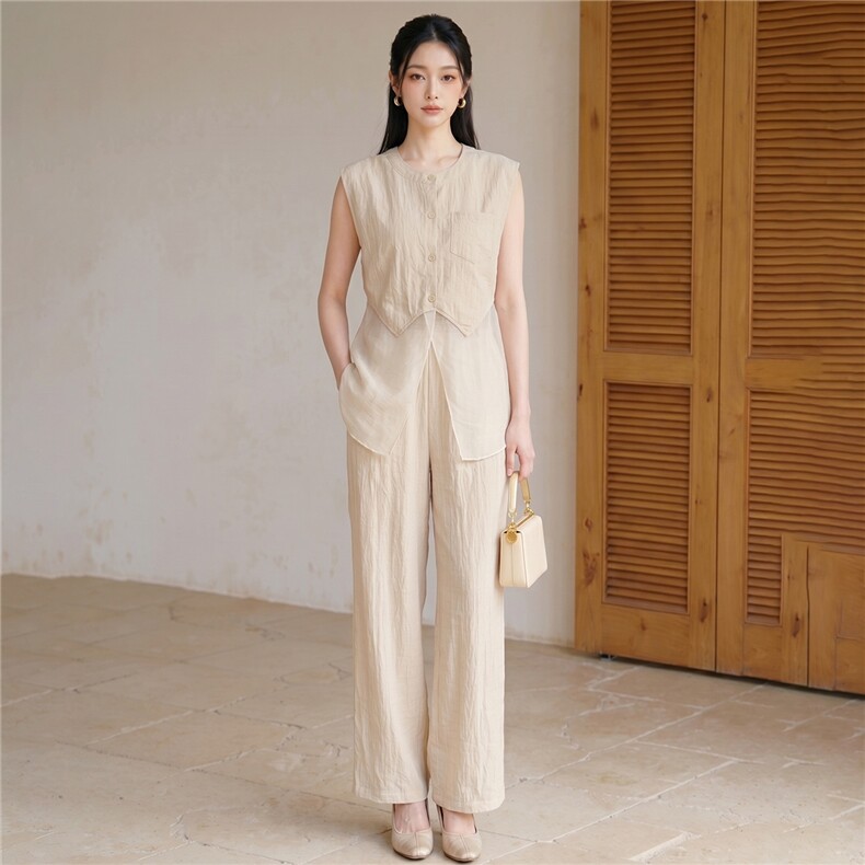 韩版时尚气质减龄套装女夏款开叉设计无袖网纱拼接上衣长裤两件套,女装套装/套裙,江南