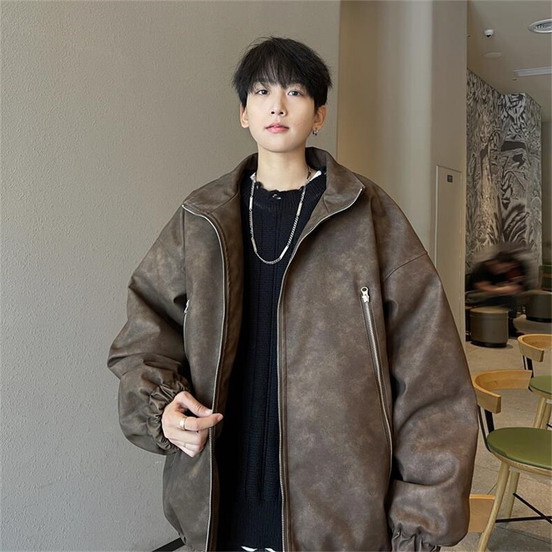 （抖音）美式机车PU水洗晕染做旧加厚皮棉衣XZ301APY002P128,男装棉衣,星座301A