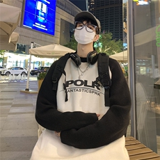 港风夜景宽松时尚撞色插肩袖字母印花圆领毛衣M81003特批55控88，男装针织衫/毛衣，电商A247