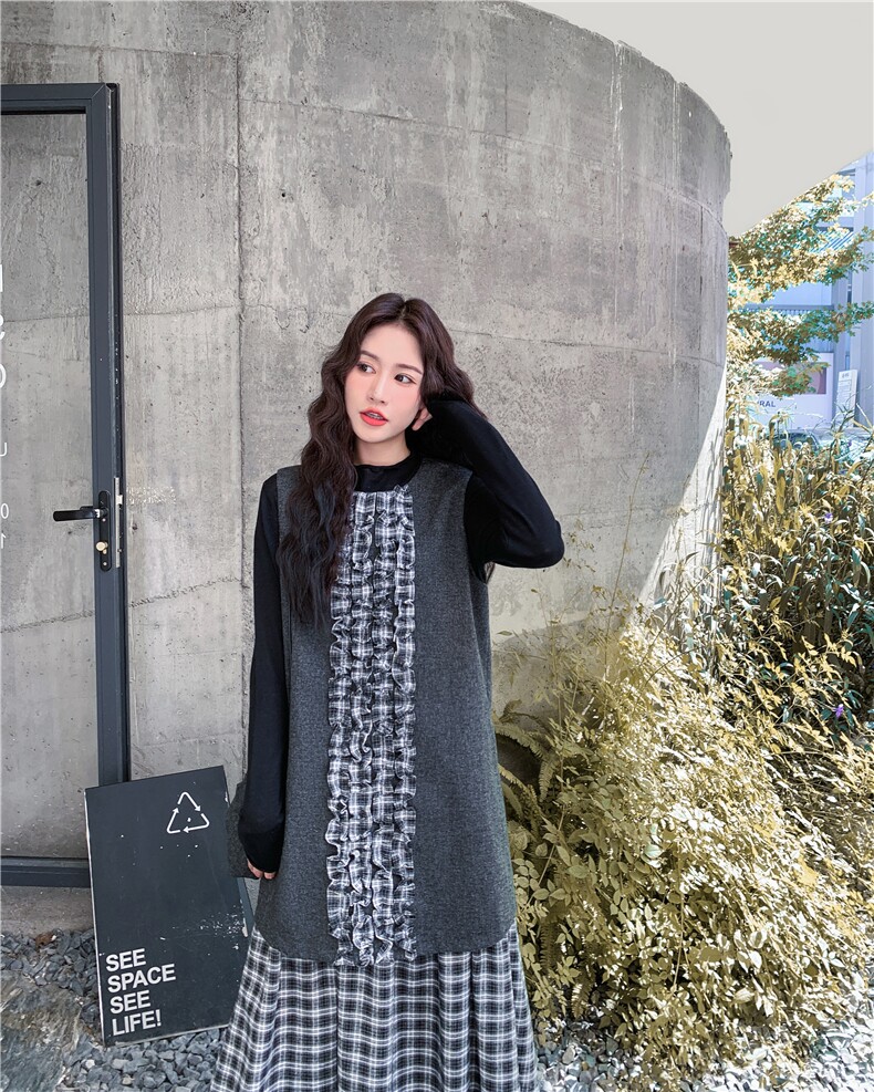 格纹拼接木耳边背心裙打底衫套装女2025秋季新款松弛感休闲两件套,女装连衣裙,2D034
