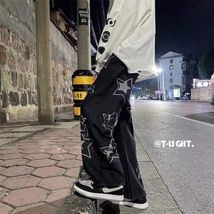 刺绣牛仔裤男ins高街宽松五角星老爹裤潮牌直筒阔腿裤子N123-p45图片