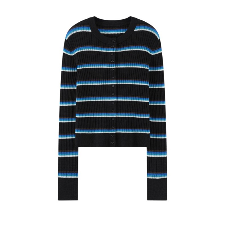 2025年秋季单件蓝色横条开衫，女装羊毛衫，致织羊绒