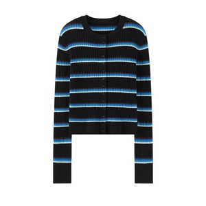 2025年秋季单件蓝色横条开衫,女装羊毛衫,致织羊绒